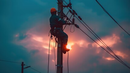 Lineman Repairing Power Lines at Twilight