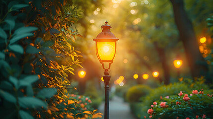 A street light illuminated in the dark. Perfect for adding a touch of light and ambiance to nighttime cityscape scenes - obrazy, fototapety, plakaty