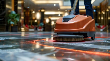 Professional cleaning: worker polishing exterior walkway with industrial machine and cleaning solution