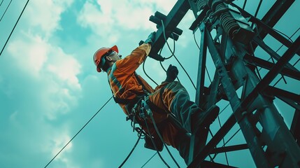 Electrician Performing Maintenance on High Voltage Tower