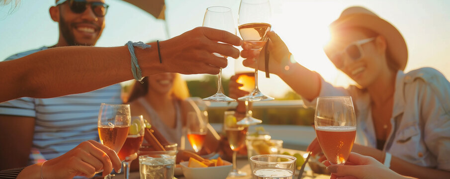 Friends enjoying a sunny outdoor social gathering with drinks