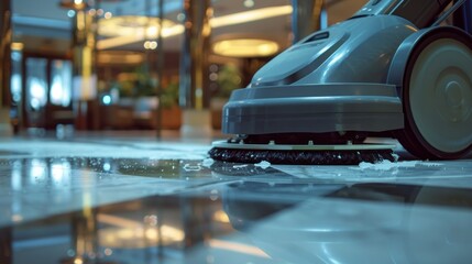 Fototapeta premium Professional cleaning: worker polishing exterior walkway with industrial machine and cleaning solution