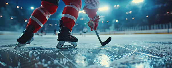 Naklejka premium Ice hockey player in action on a rink at night