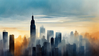 Illustration of cityscape skyline with foggy sunrise. Modern buildings. Abstract art.