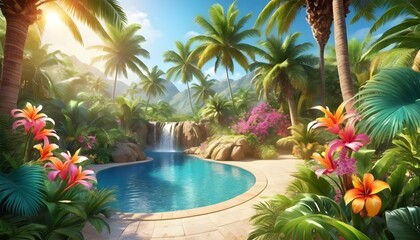 AI generated Vibrant greenery, exotic flowers, and palm trees create a paradise-like summer haven