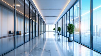 Spooky corridor in modern office building with dim lighting and eerie atmosphere, perfect for halloween-themed designs or haunted office concepts