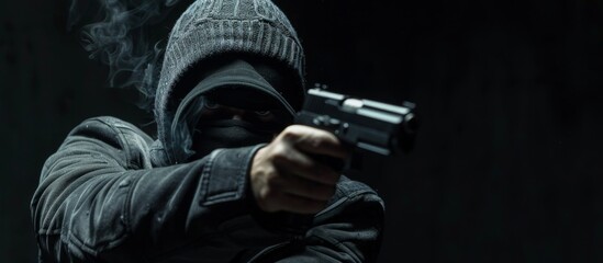 A man in a hoodie holding a gun in a dark room