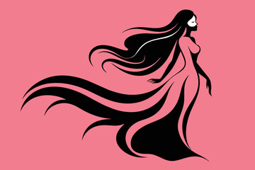 Elegant Profile Silhouette Beautiful Girl with Flowing Long Hair 