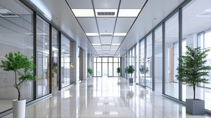 Dark and eerie corridor in modern office building - perspective view of a dimly lit hallway with fluorescent lighting, conveying a sense of mystery and suspense - urban architecture photography