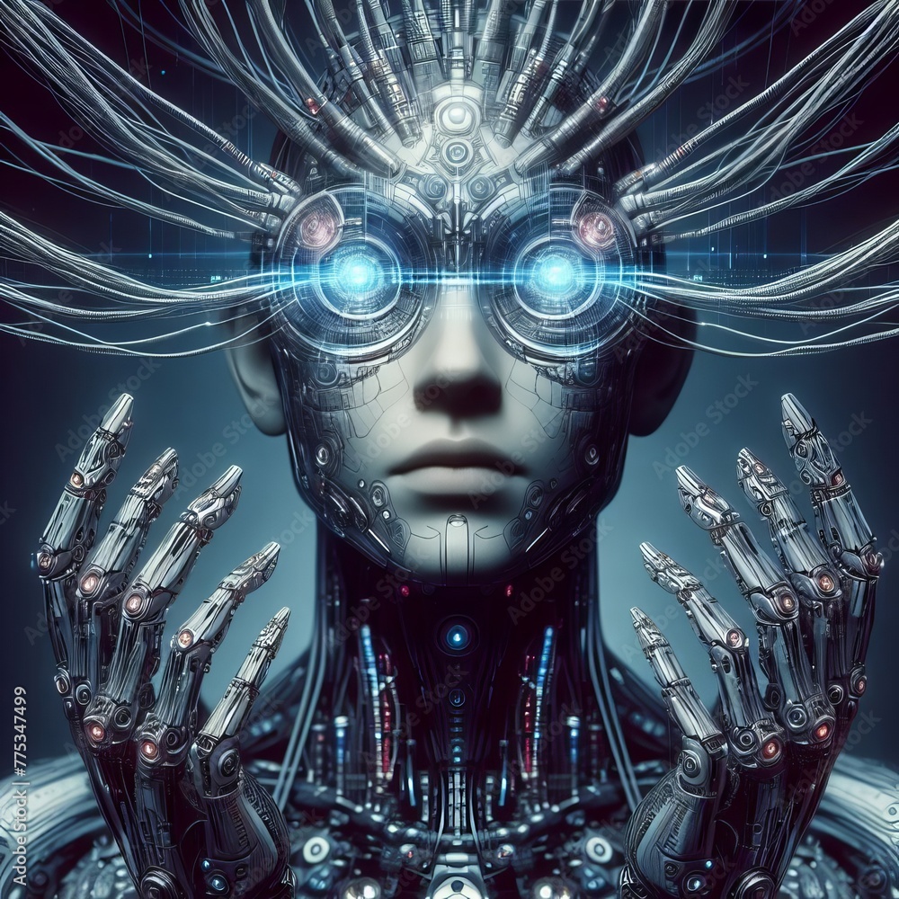 Poster digital render of a humanoid with a futuristic cybernetic head and hands, showcasing advanced techno