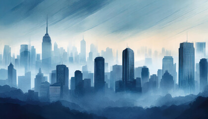 Illustration of cityscape skyline with fog. Modern buildings. Abstract art. Blue tones.