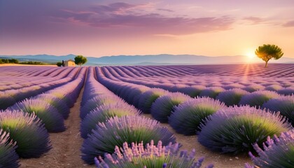 Lavender field summer sunset landscape near Valensole. Provence, France. Wonderful nature scenery,...