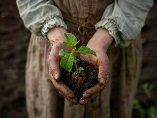 Naklejka na ściany i meble Farmer holding a seedling with a handful of soil