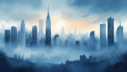 Illustration of cityscape skyline with fog. Modern buildings. Abstract art. Blue tones.