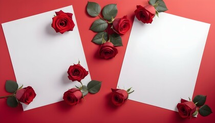 Empty white paper for text with red roses of two coner on red background for Valentine day. 