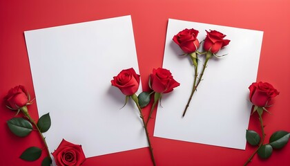 Empty white paper for text with red roses of two coner on red background for Valentine day. 