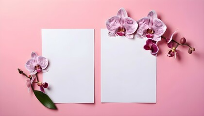 Empty white paper for text with orchids flower of two coner on pastel pink background.