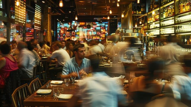 Vibrant restaurant scene: busy dining area with patrons enjoying meals, waitstaff hustling, and chefs in action, motion blur effect