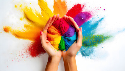 Dynamic Burst: Colorful Rainbow Holi Paint Powder Sprinkle with Hands in Focus