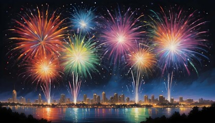 Fototapeta na wymiar Fireworks-Painting-The-Night-Sky-With-Bursts-Of-VI-