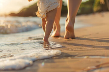 A mother and her child are walking on the beach - obrazy, fototapety, plakaty