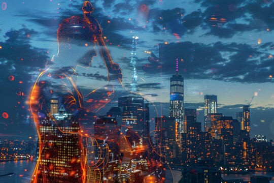 A man is holding a baseball bat in a cityscape