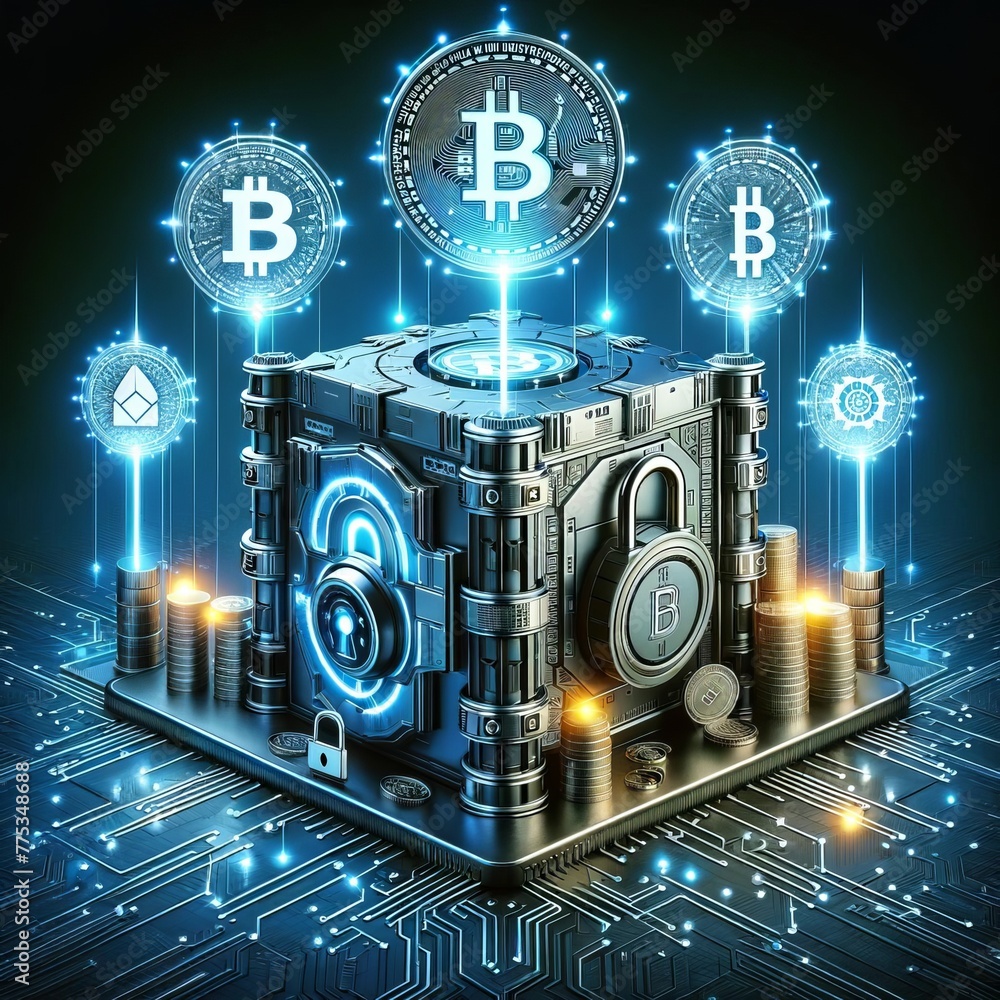 Poster conceptual art of bitcoin and security elements on a circuit board, highlighting the robust security