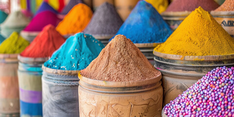Colorful spices and dyes found at souk market in Marrakesh, Morocco