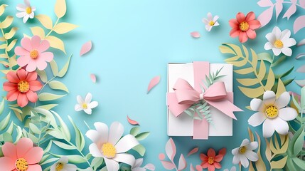 Gift Box with Floral Paper Art on Blue Background - 775348682