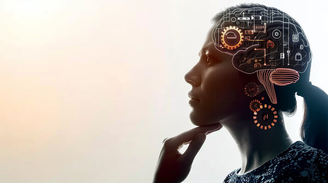 Title: "AI Contemplation"
Art Description: Silhouette profile of a person in deep thought surrounded by digital brain imagery and AI symbols against a white backdrop.
