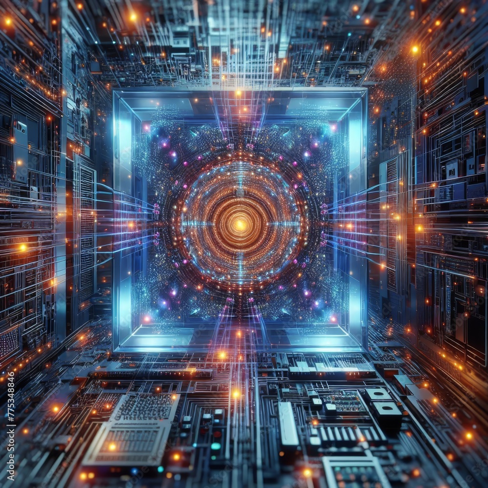 Poster a mesmerizing 3d render of a technology tunnel with a perspective view, lined with lights and digita