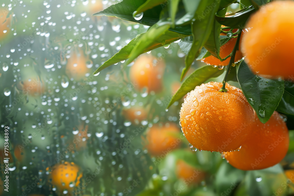 Poster a tree with oranges on it is raining