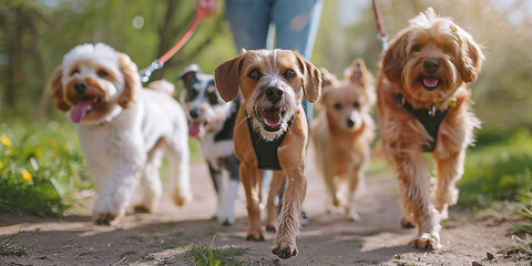 dogs of different breeds walking in a spring park on leashes - obrazy, fototapety, plakaty