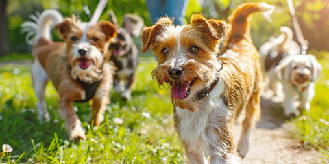 dogs of different breeds walking in a spring park on leashes - obrazy, fototapety, plakaty