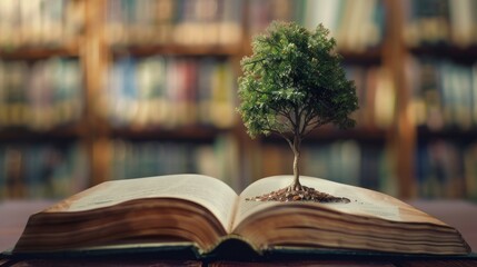 Enchanting education: tree of knowledge sprouting from open book against library backdrop - back to school scene, educational concept, blurred bookshelf background