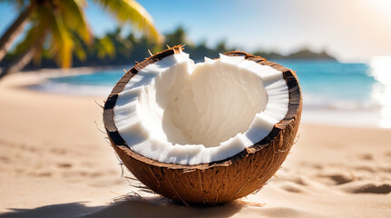 An open coconut in close-up on the sand of a beach. Palm trees and sea in the background. Food and summer concepts. - Powered by Adobe