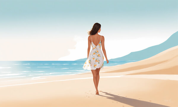 Illustration of a beautiful young woman in a flowered dress walking on the beach on a summer day, the breeze gently ruffles the dress. Summer concept.