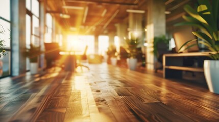 Abstract defocused background of empty business office space with warm tones - modern workplace...