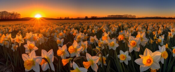 Sunset Over Field of Blooming Daffodils