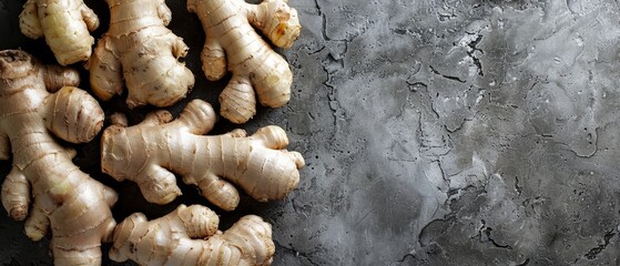  A close-up of a ginger group on a table with one root remaining on the ground