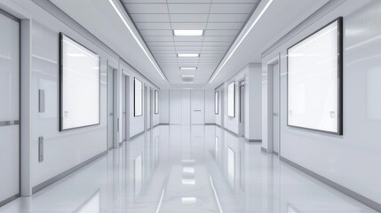 Spooky empty white office hallway with creepy posters - atmospheric interior scene for halloween or mystery themes