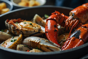 there is a large bowl of cooked lobsters and clams, very tasty, crab, closeup at the food