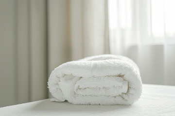 Fototapeta na wymiar Stack of Fresh White Towels and Baby's Breath Flowers in a Bright Bathroom