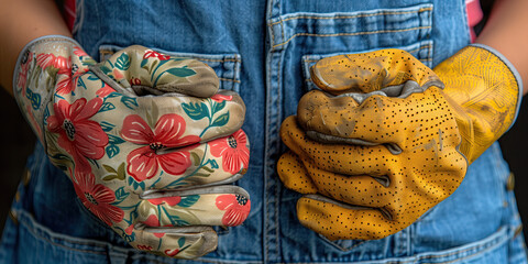 Primer plano de dos manos con guantes de diferentes texturas, uno floral otro de cuero gastado amarillo, apoyadas en la barriga de una persona con textil de jean, vaquero azul, trabajo de jardinería  - obrazy, fototapety, plakaty