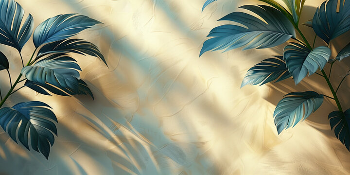 Sombras de palmas y su follaje verde ex&oacute;tico, salvaje, vista frontal, luz del atardecer, fondo jard&iacute;n, amarillos, verdes, blancos, mural