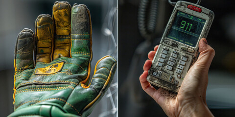 Un guante de trabajo color verde y amarillo, sobre fondo grisáceo. Por otro lado una mano sujetando un teléfono móvil auxilio 911. Día mundial de la seguridad y salud en el trabajo, 28 Abril. - obrazy, fototapety, plakaty