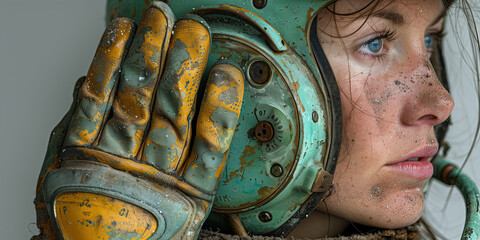 Mujer con un casco de trabajo y auricular integrado, sujetando el casco con su mano dentro de un guante gris amarillo roido, usado. Día Internacional de los Vuelos Espaciales Tripulados, 12 Abril.