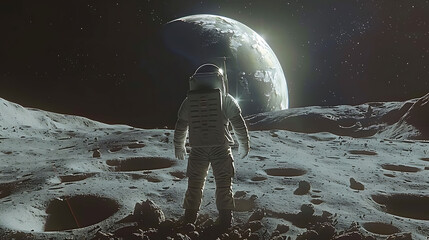 Earth rises over lunar horizon, astronaut on moon