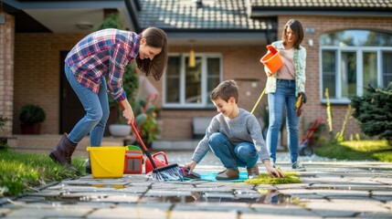 Family engaged in spring cleaning together outdoors, refreshing their driveway space with care and unity, household chores concept