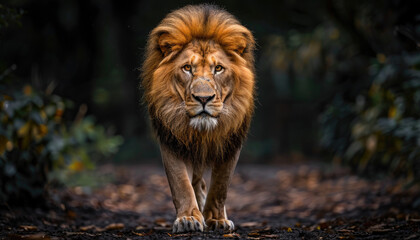 Fototapeta premium Majestic Male Lion Walking with Flowing Mane